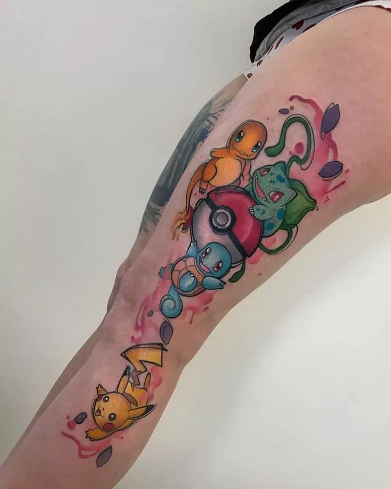 Pikachu tattoo on the inner forearm.