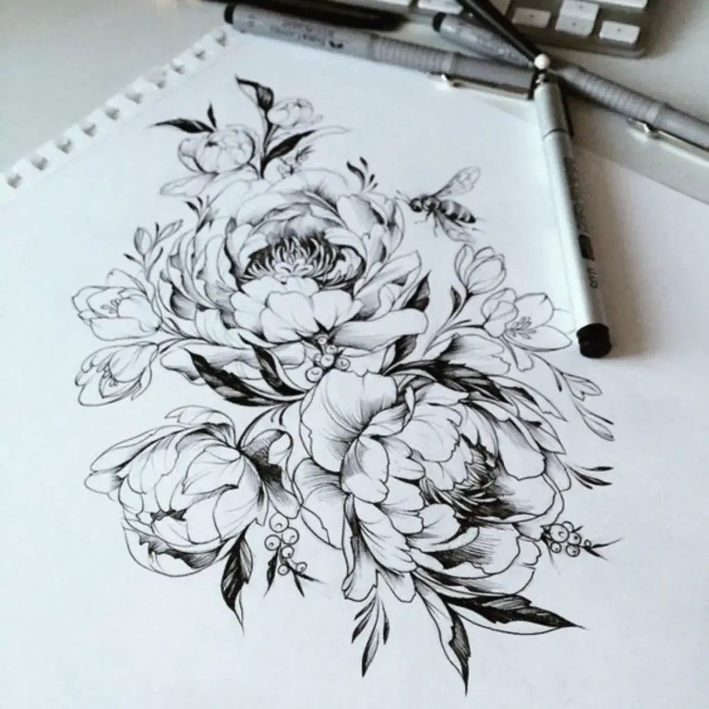 peony tattoo sketch (46)