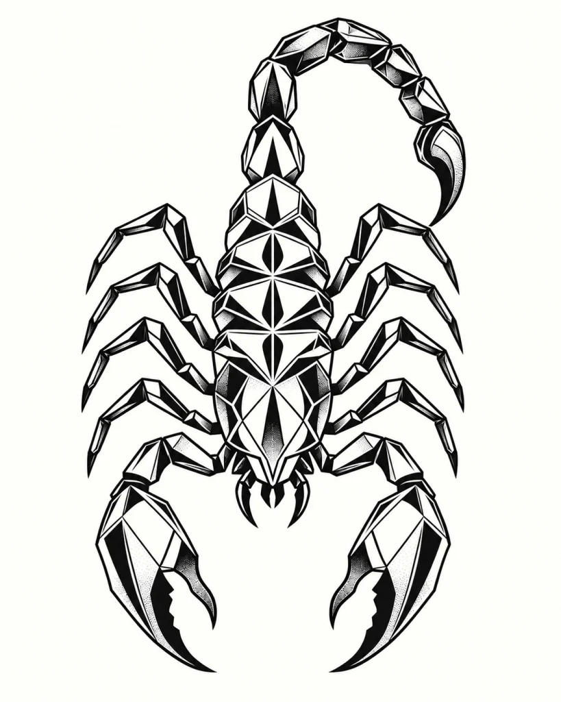 Geometric scorpion tattoo design with angular black panels on an ivory background