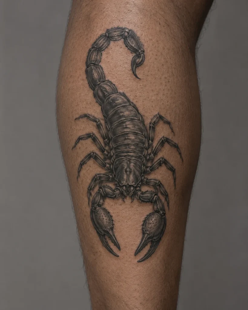 Realistic black-and-gray scorpion tattoo concept running vertically along the calf