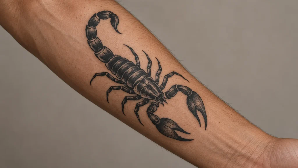 Blackwork scorpion tattoo concept with a curved tail on the forearm