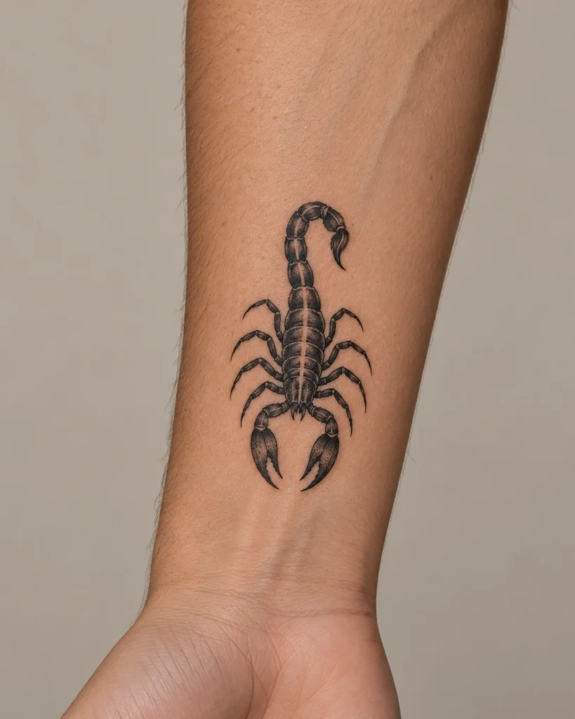 Small fine-line scorpion tattoo concept on the inner forearm above the wrist