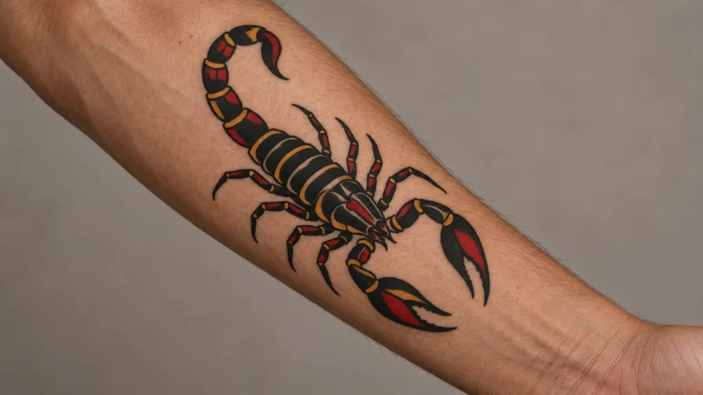 American traditional scorpion tattoo concept in black, red, and gold on the forearm