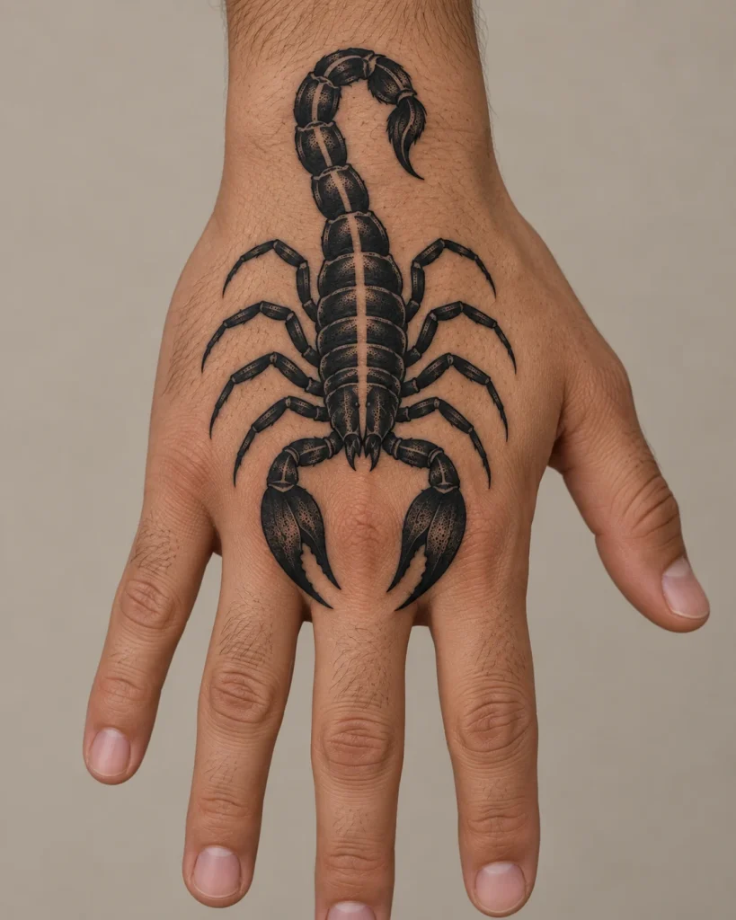 Blackwork scorpion tattoo concept on the back of the hand