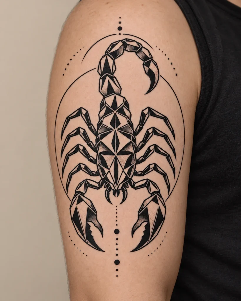 Geometric scorpion tattoo concept inside a circular frame with dot accents on the upper arm