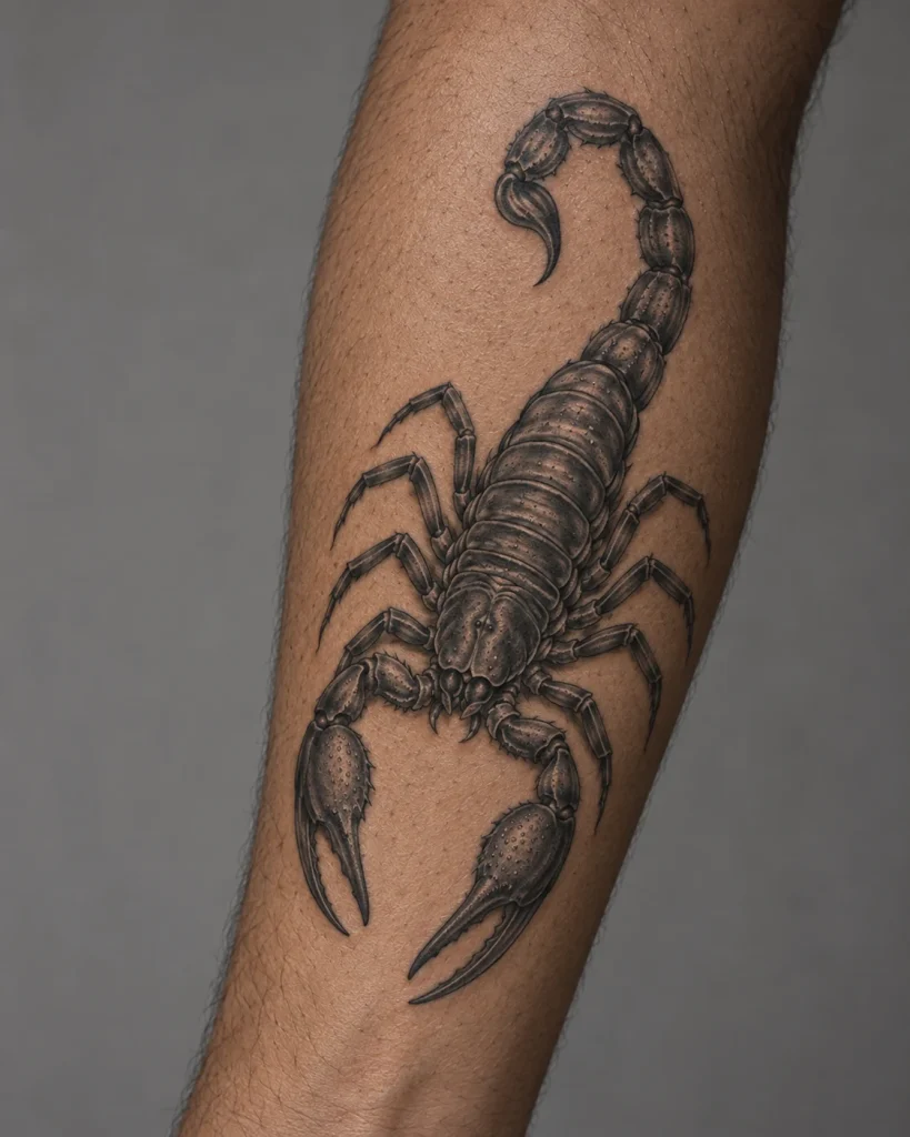 Realistic scorpion tattoo concept with fine graywash shading on the forearm