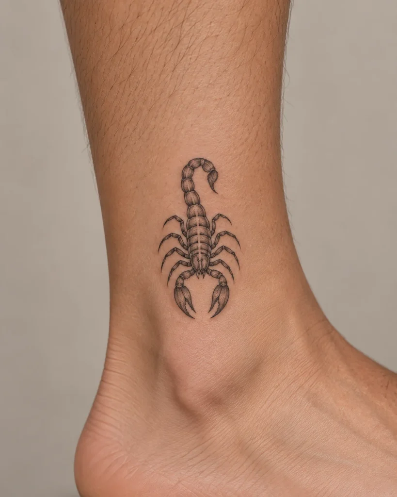 Small scorpion tattoo concept with fine outlines and light shading above the ankle