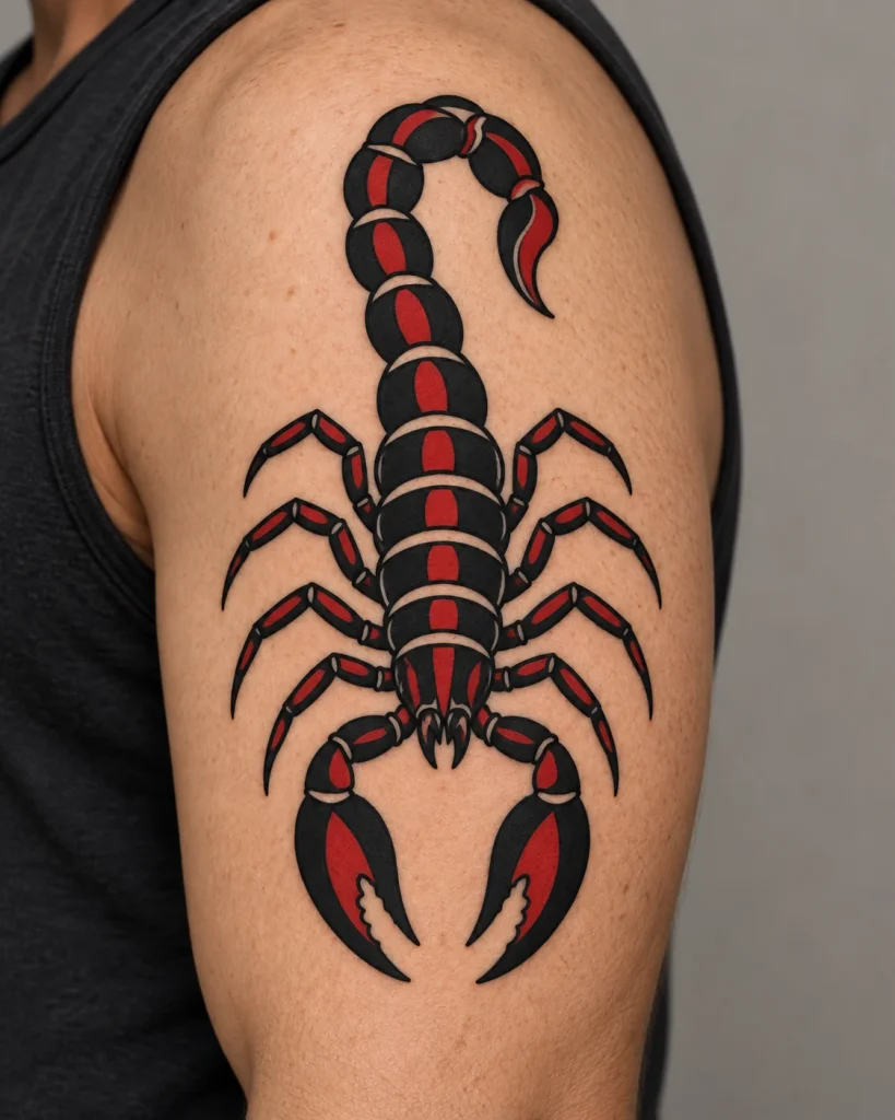 Red-and-black traditional scorpion tattoo concept on the upper arm
