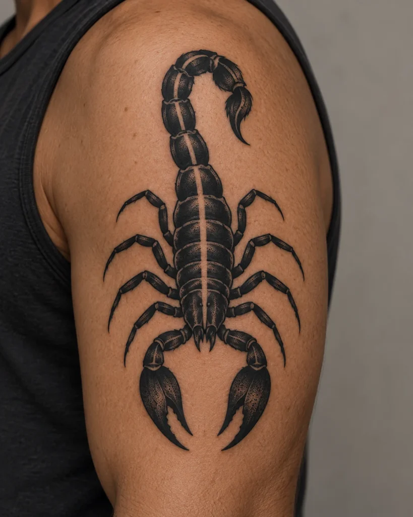 Blackwork scorpion tattoo concept with a central open stripe on the upper arm