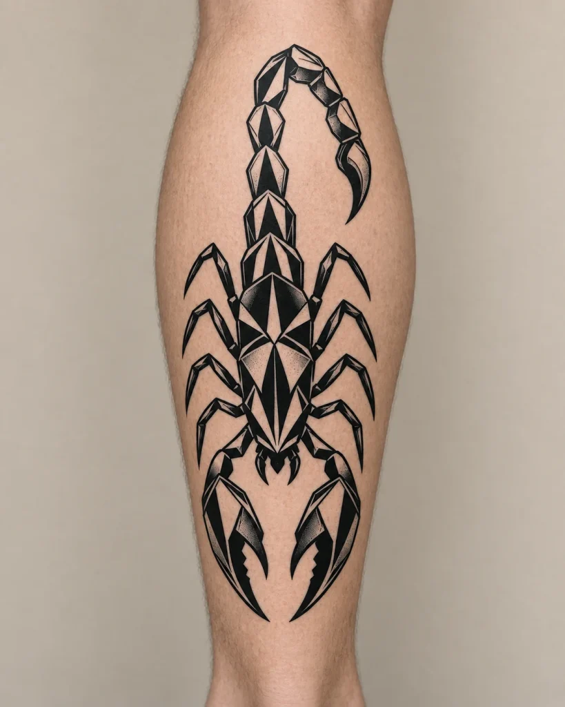 Angular black scorpion tattoo concept with faceted panels on the calf