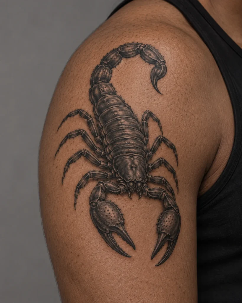 Black-and-gray scorpion tattoo concept with broad pincers on the shoulder