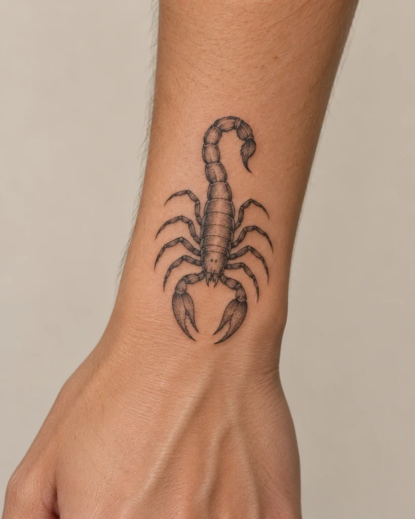 Small scorpion tattoo concept with dotwork shading on the outer wrist