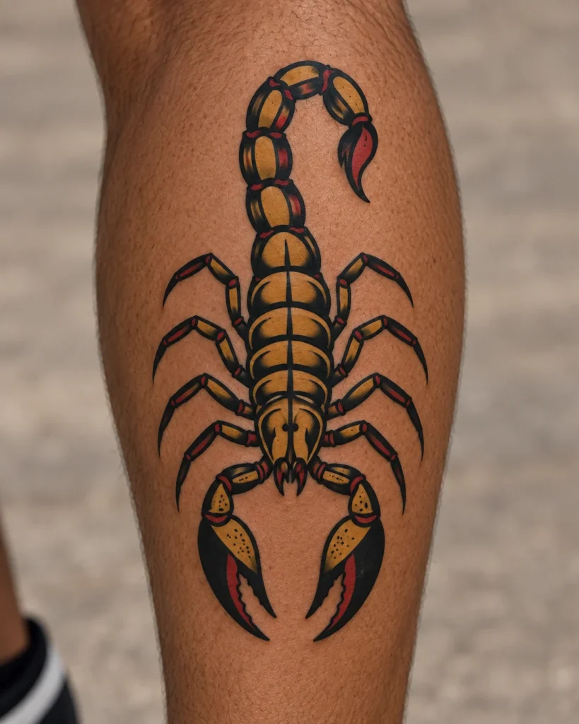 Traditional scorpion tattoo concept with gold body panels on the calf