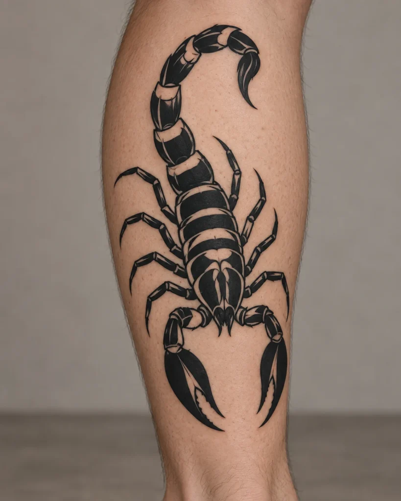 Bold blackwork scorpion tattoo concept with open body segments on the calf