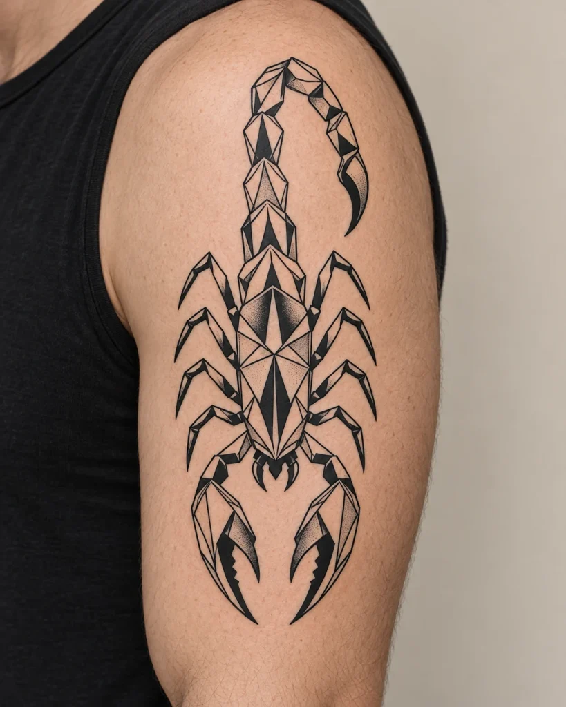 Geometric scorpion tattoo concept with angular outlines and dark accents on the upper arm