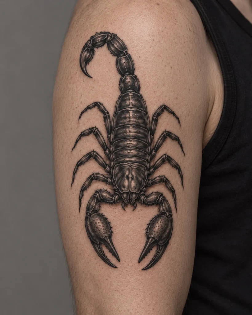 Dark realistic scorpion tattoo concept with highlighted shell segments on the upper arm