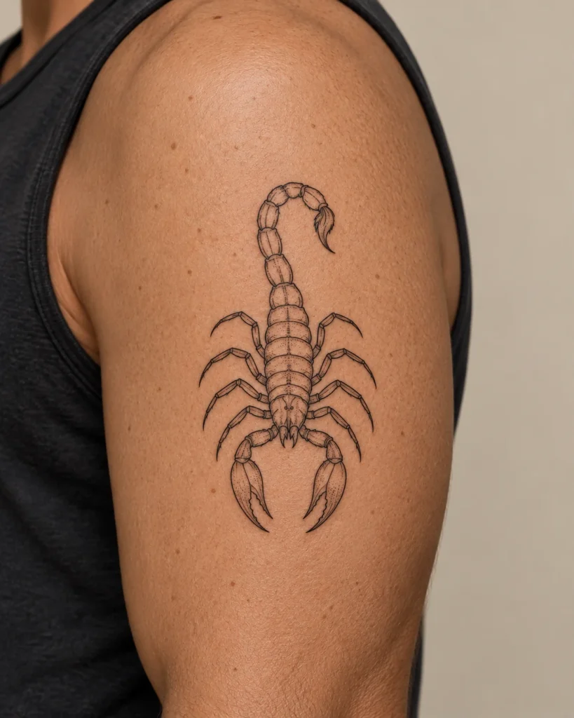 Small scorpion tattoo concept with open outlines and subtle shading on the upper arm