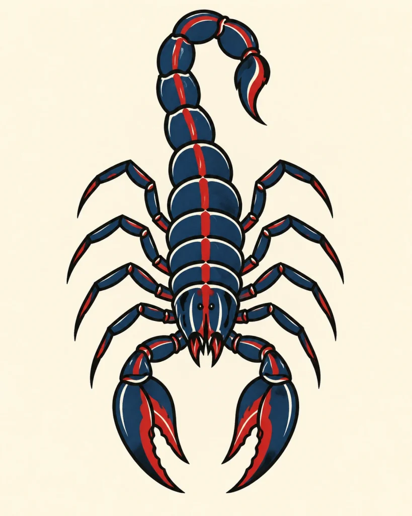 Traditional scorpion tattoo design in navy blue, red, and black