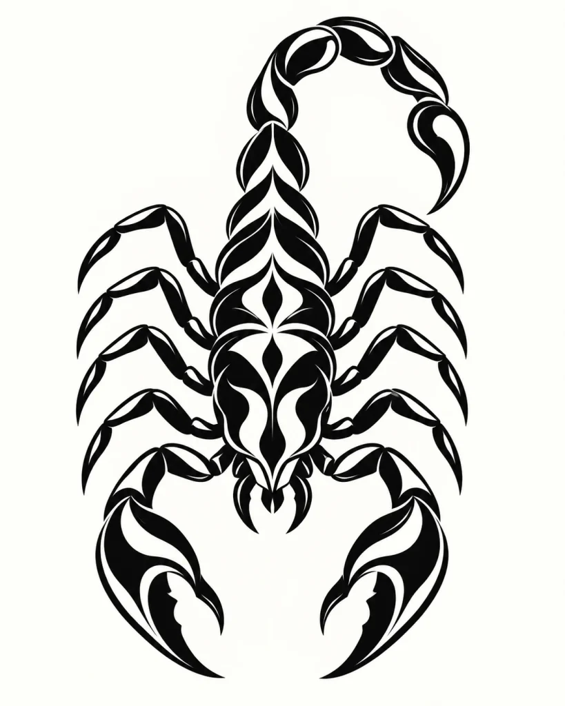 Abstract blackwork scorpion design with sweeping curves and open spaces