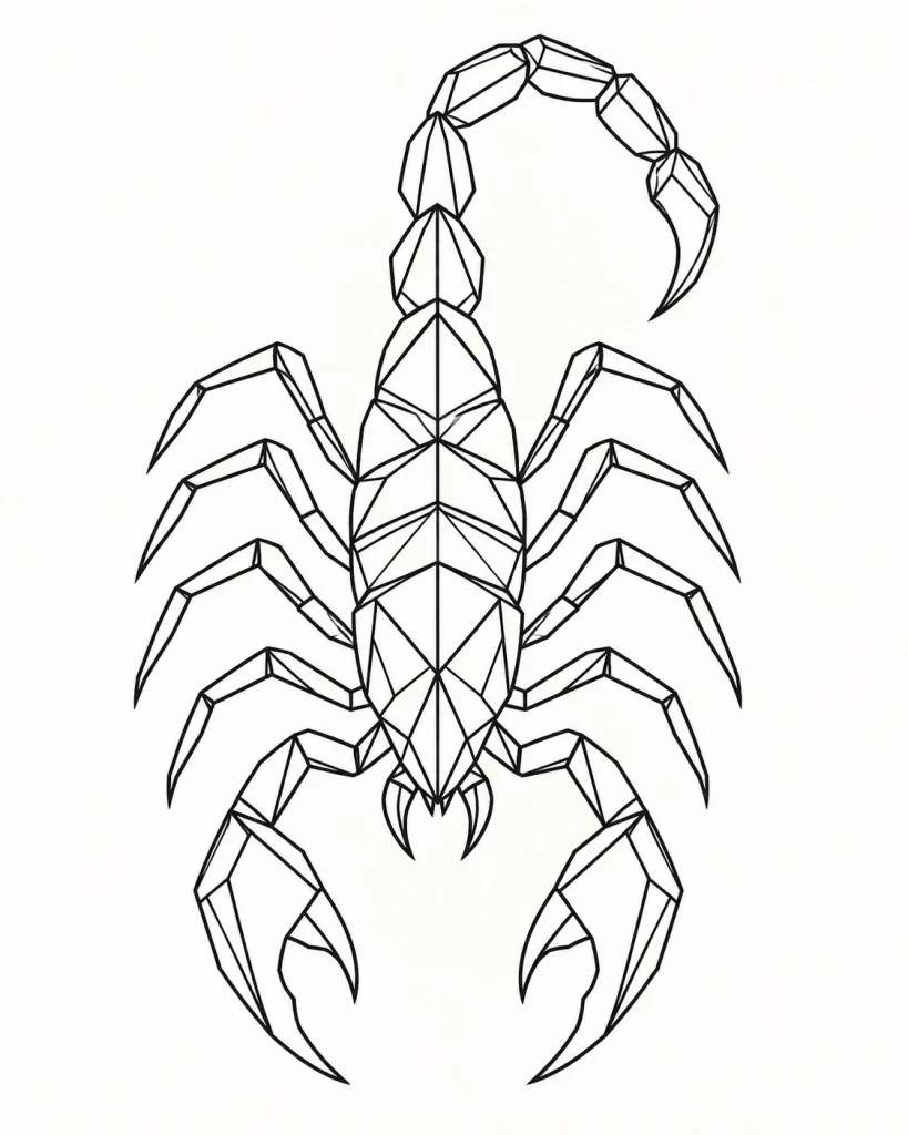 Geometric scorpion outline design with open angular segments on an ivory background