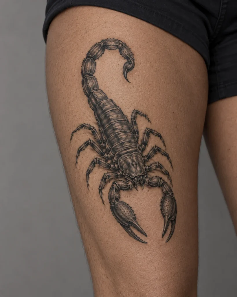 Realistic scorpion tattoo concept with soft gray shading on the outer thigh
