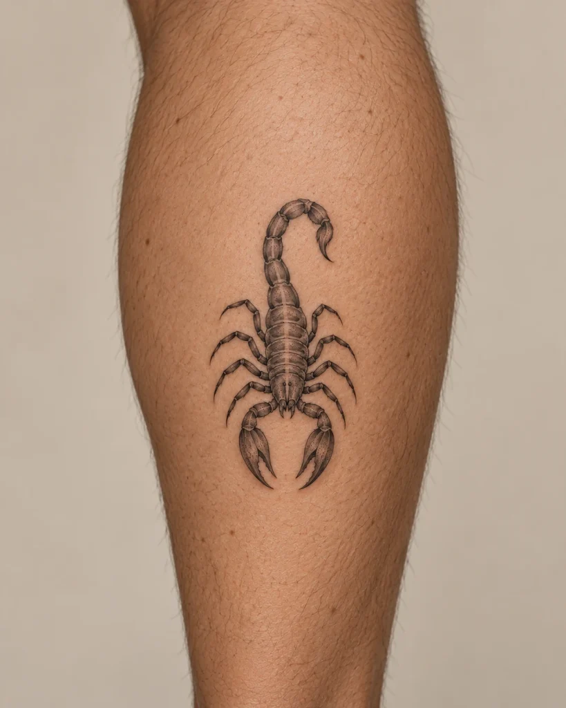 Small fine-line scorpion tattoo concept with a curved tail on the calf