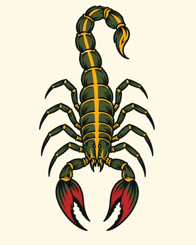 Traditional scorpion tattoo design with green, gold, and red accents