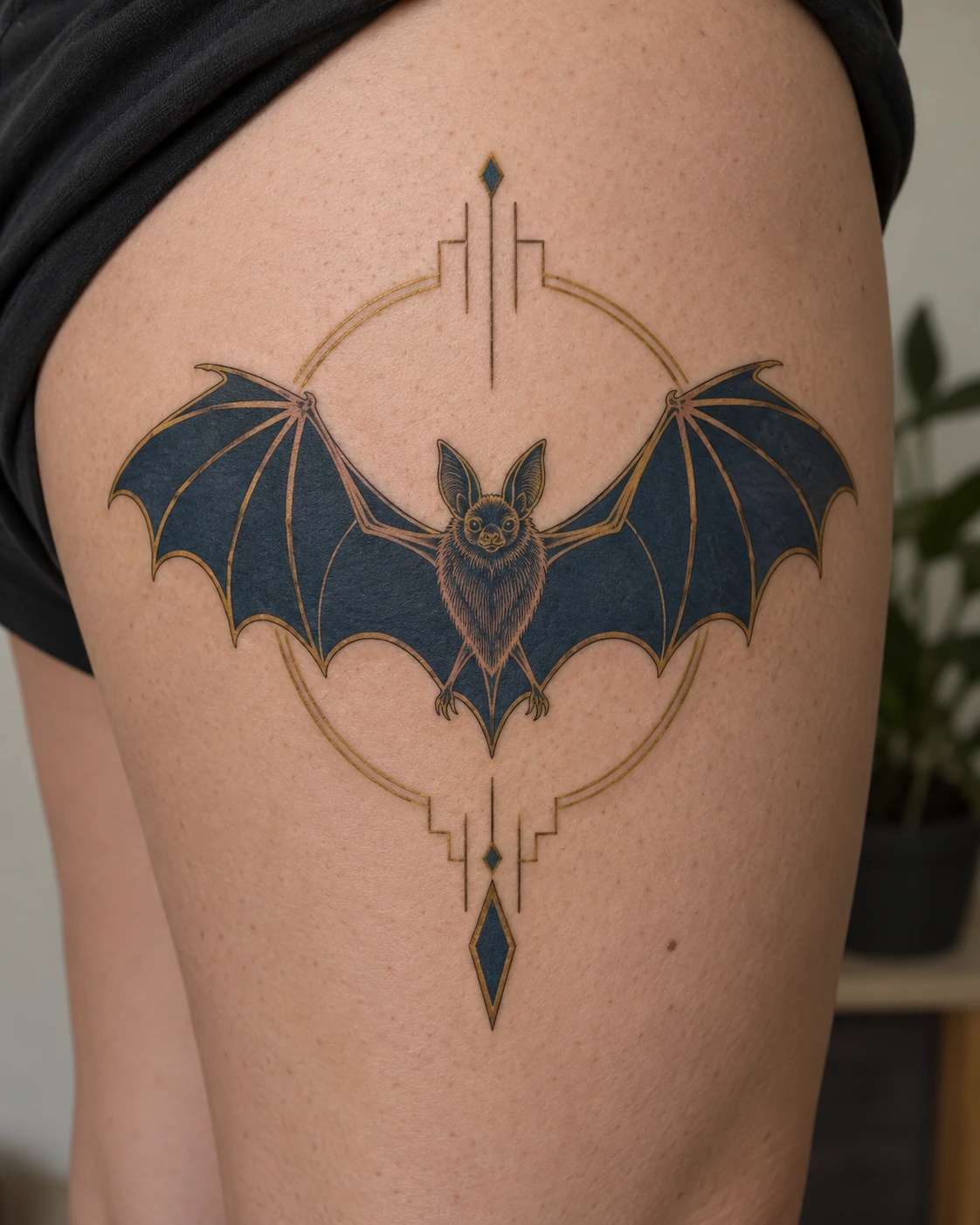 Navy and ochre bat tattoo inside an Art Deco frame on the thigh