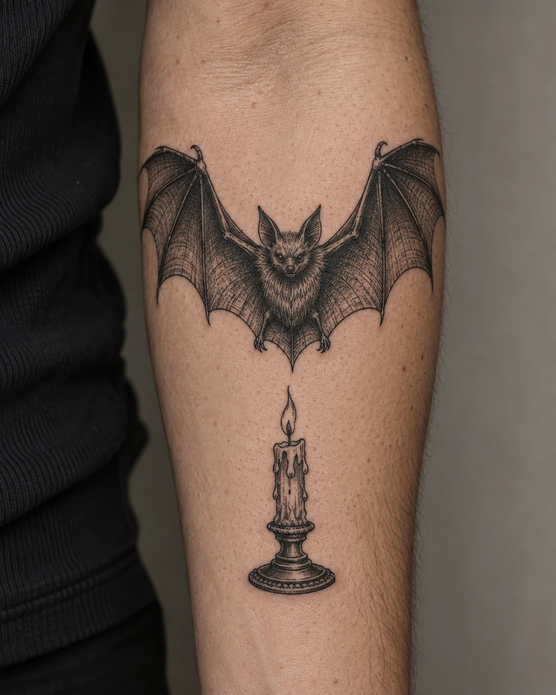 Black engraved bat above a candle tattoo on the forearm