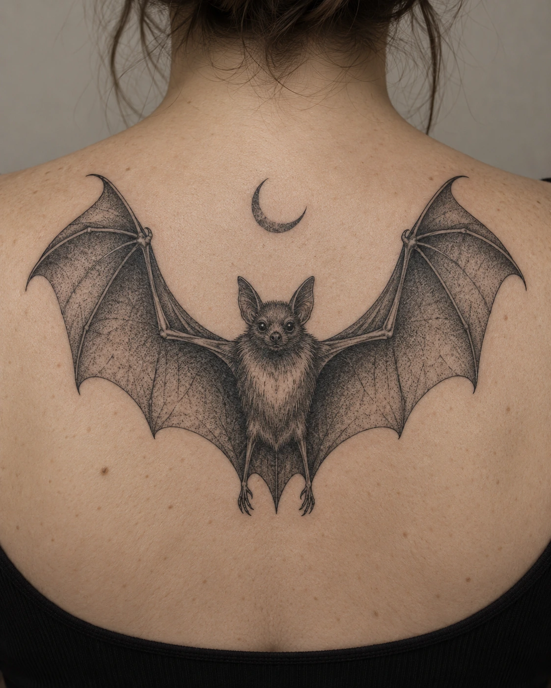 Bat tattoo with raised wings beneath a crescent on the upper back
