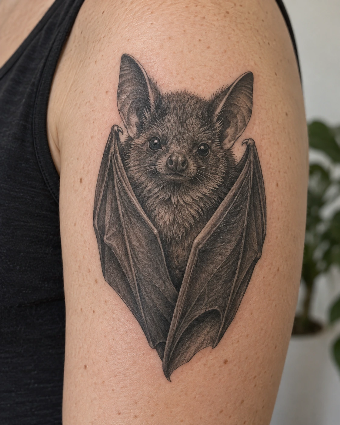 Detailed bat face tattoo framed by folded wings on the upper arm