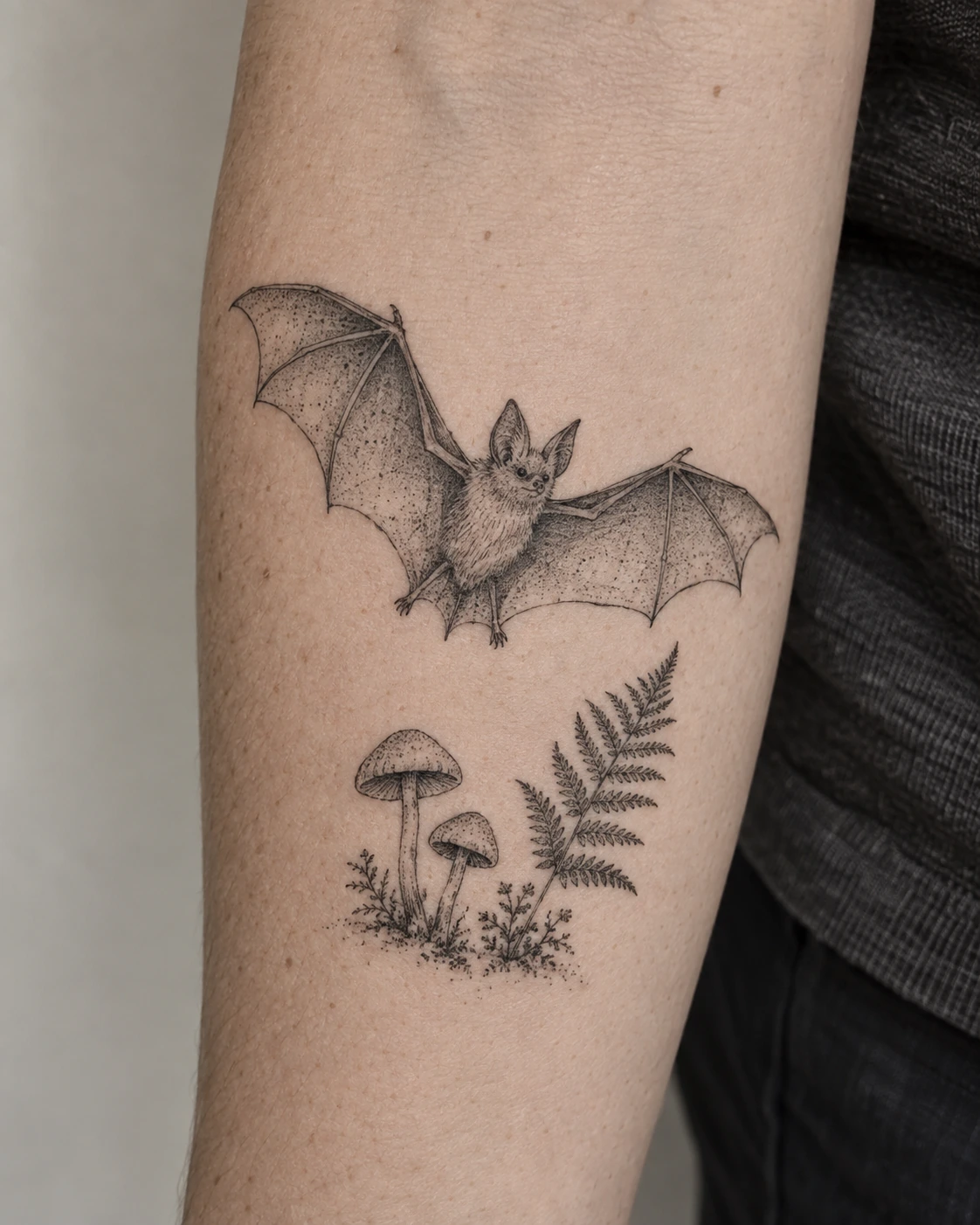 Dotwork bat above mushrooms and a fern on the forearm