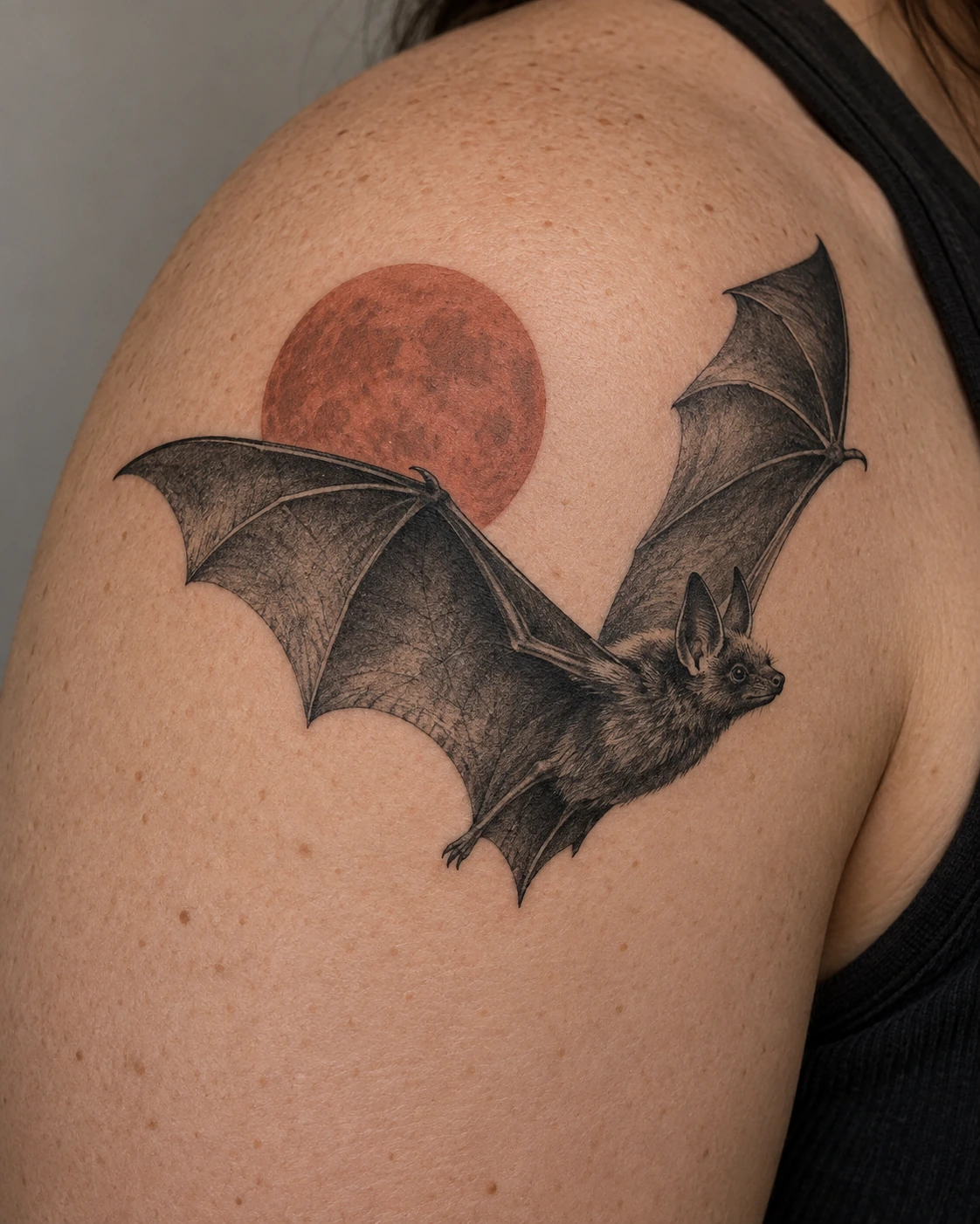 Black bat tattoo crossing a muted red moon on the shoulder