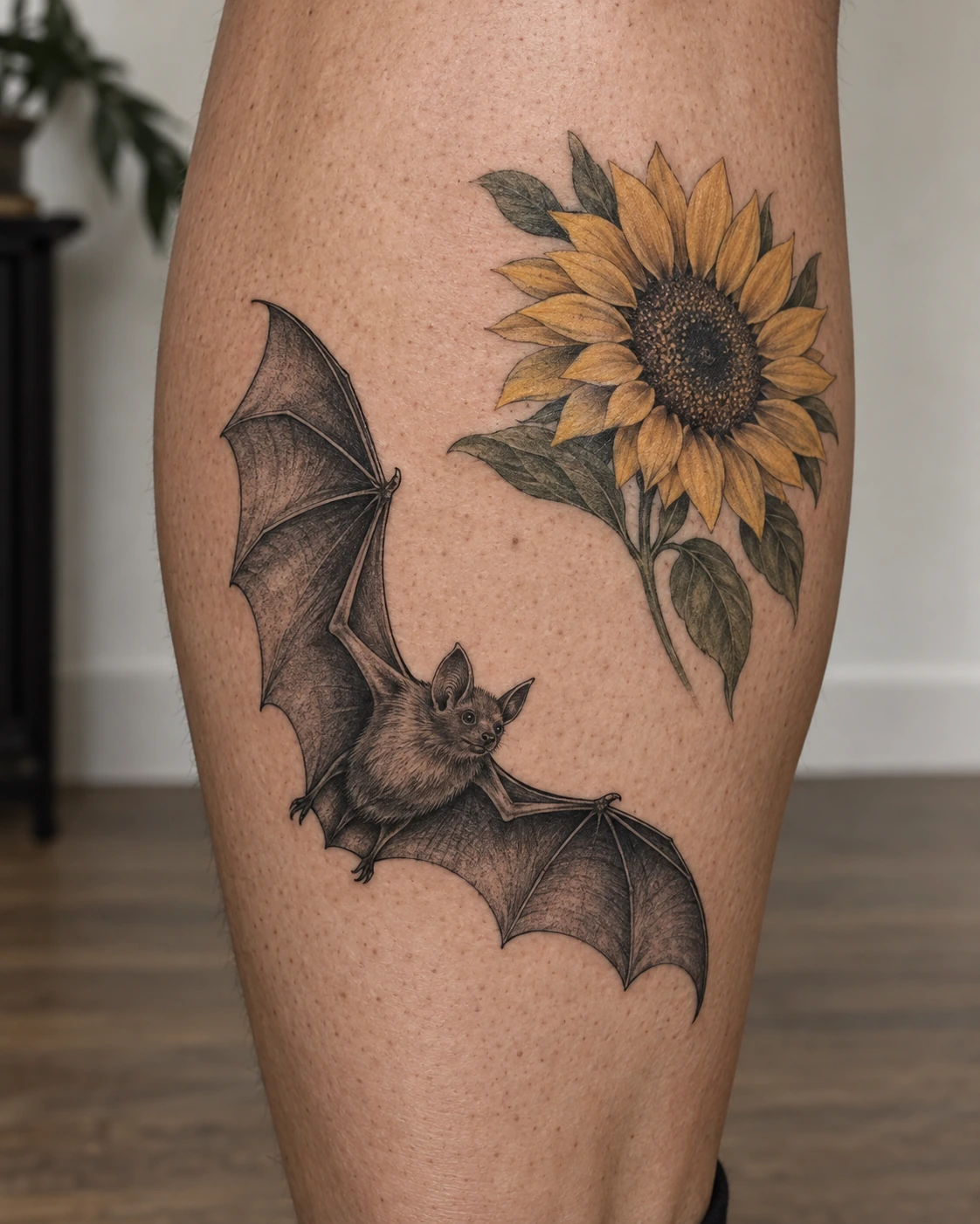 Black bat and golden sunflower tattoo on the calf