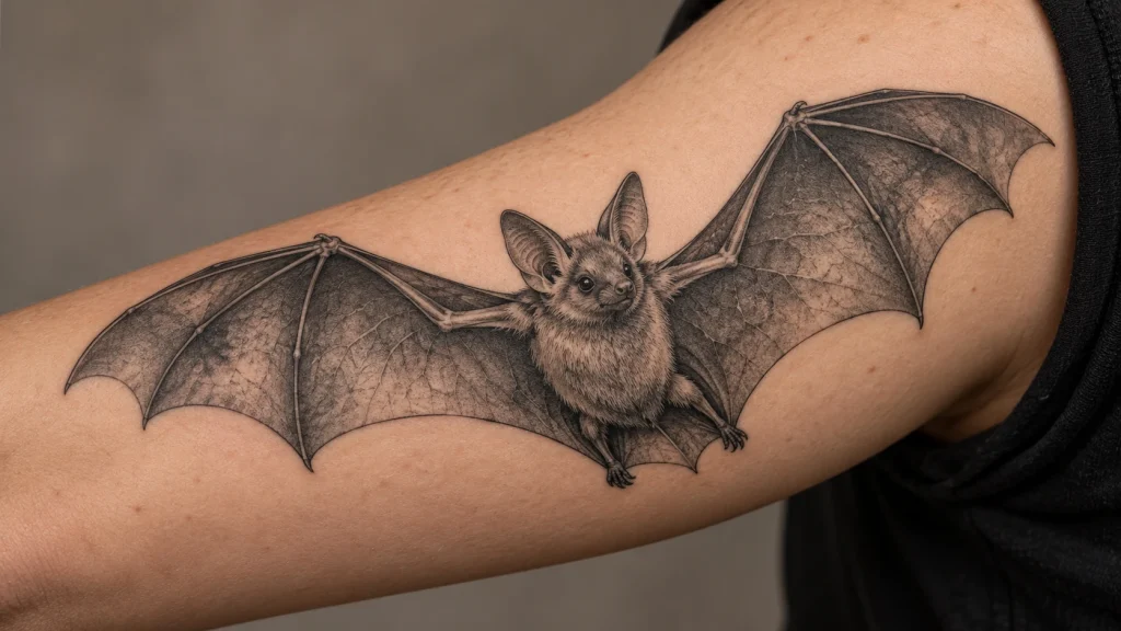 Detailed black-and-gray bat tattoo with open wings on the upper arm