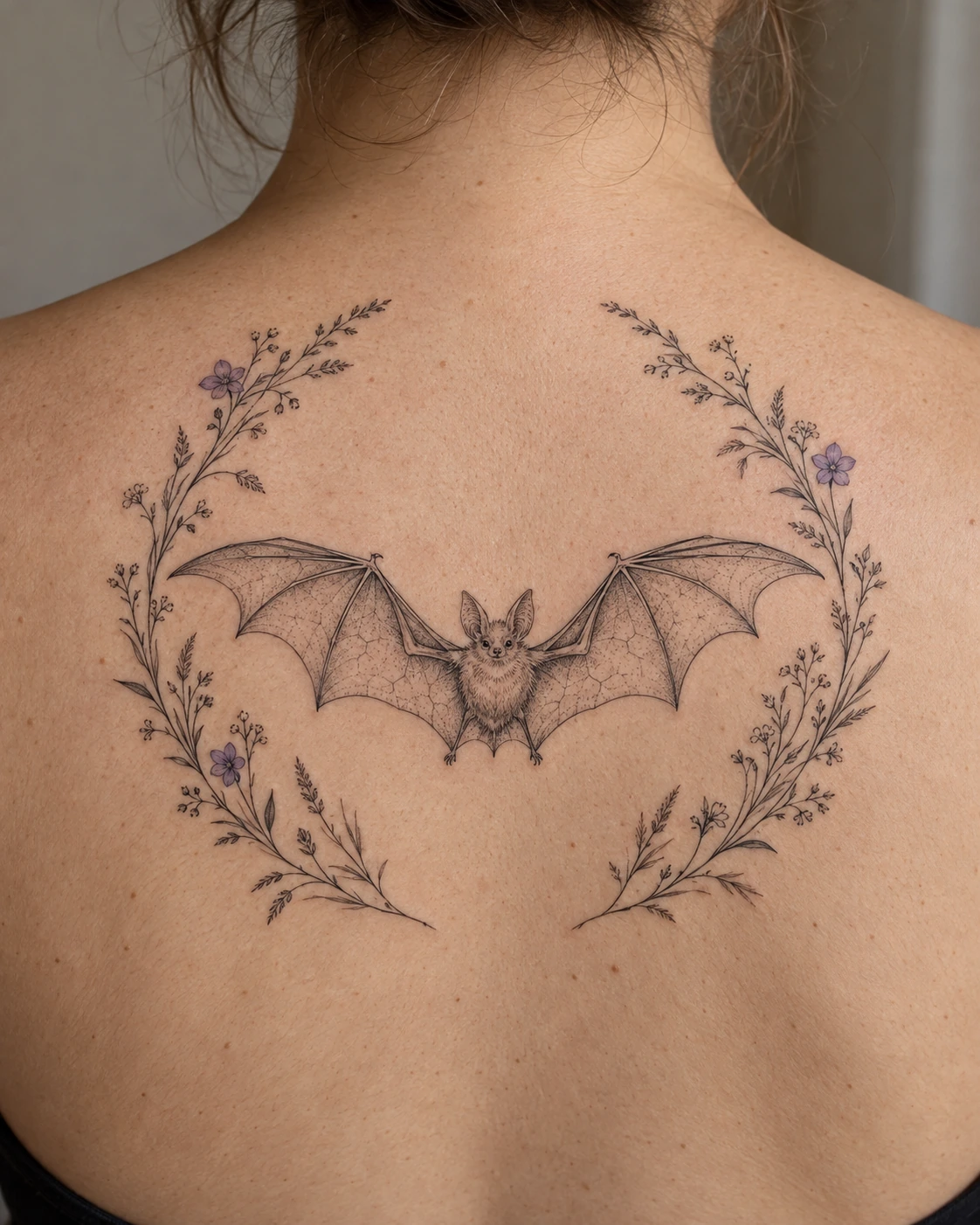 Fine-line bat inside an open wildflower wreath on the upper back