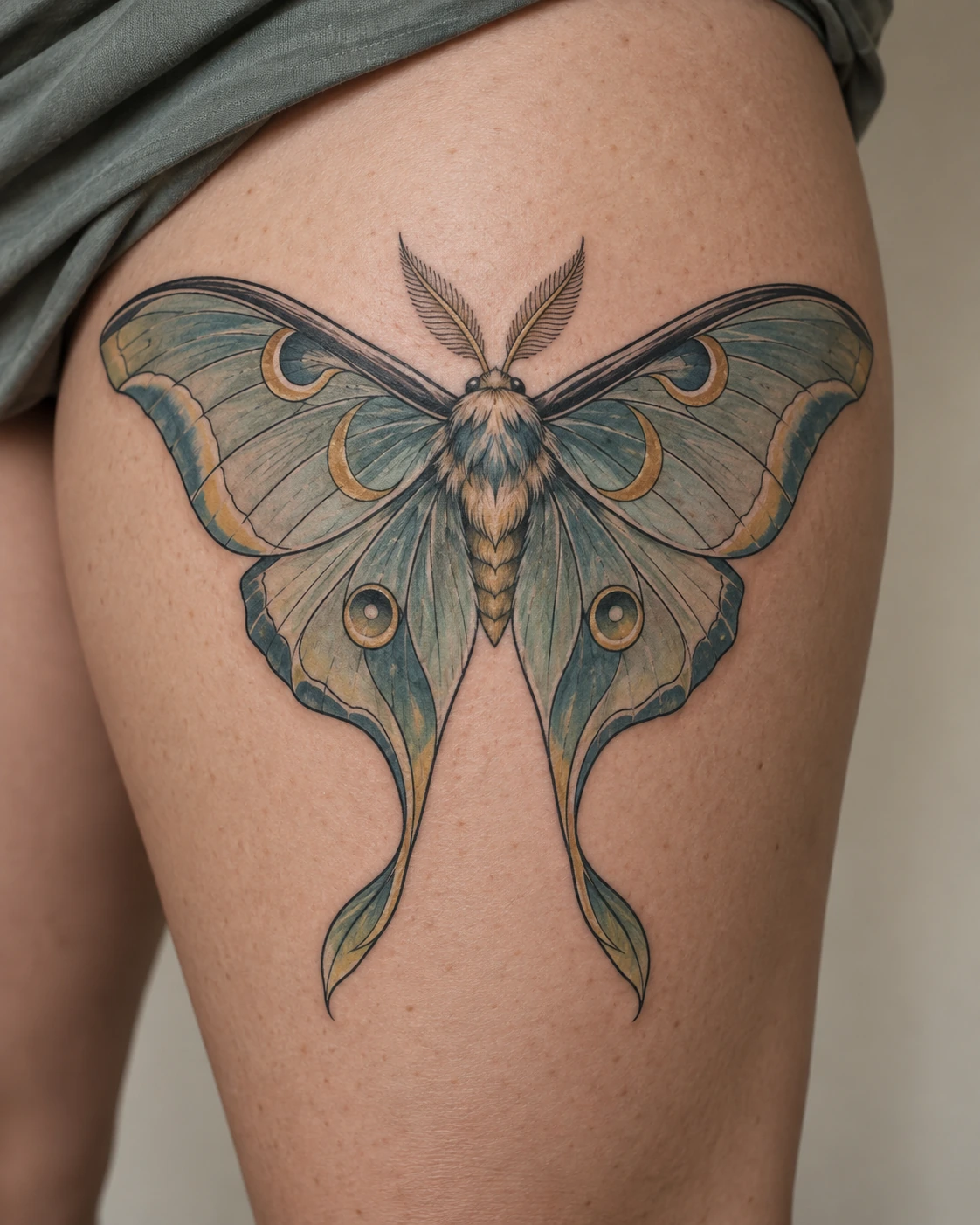 Blue and teal luna-inspired moth tattoo concept with ochre details on the thigh