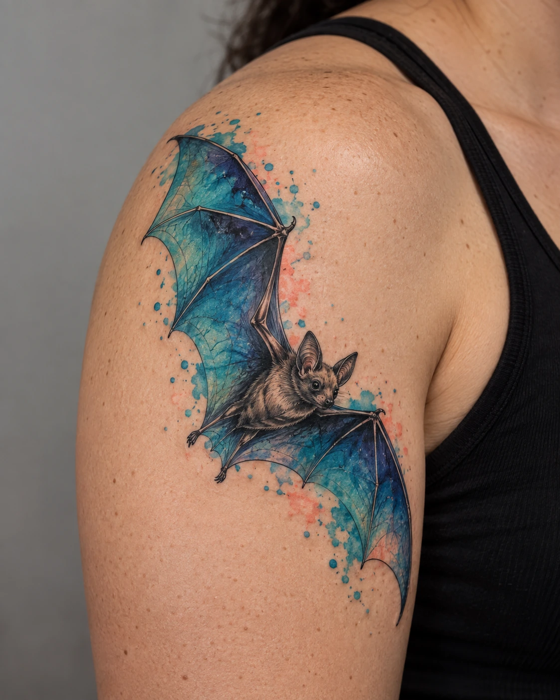 Blue and coral watercolor bat tattoo in flight on the shoulder