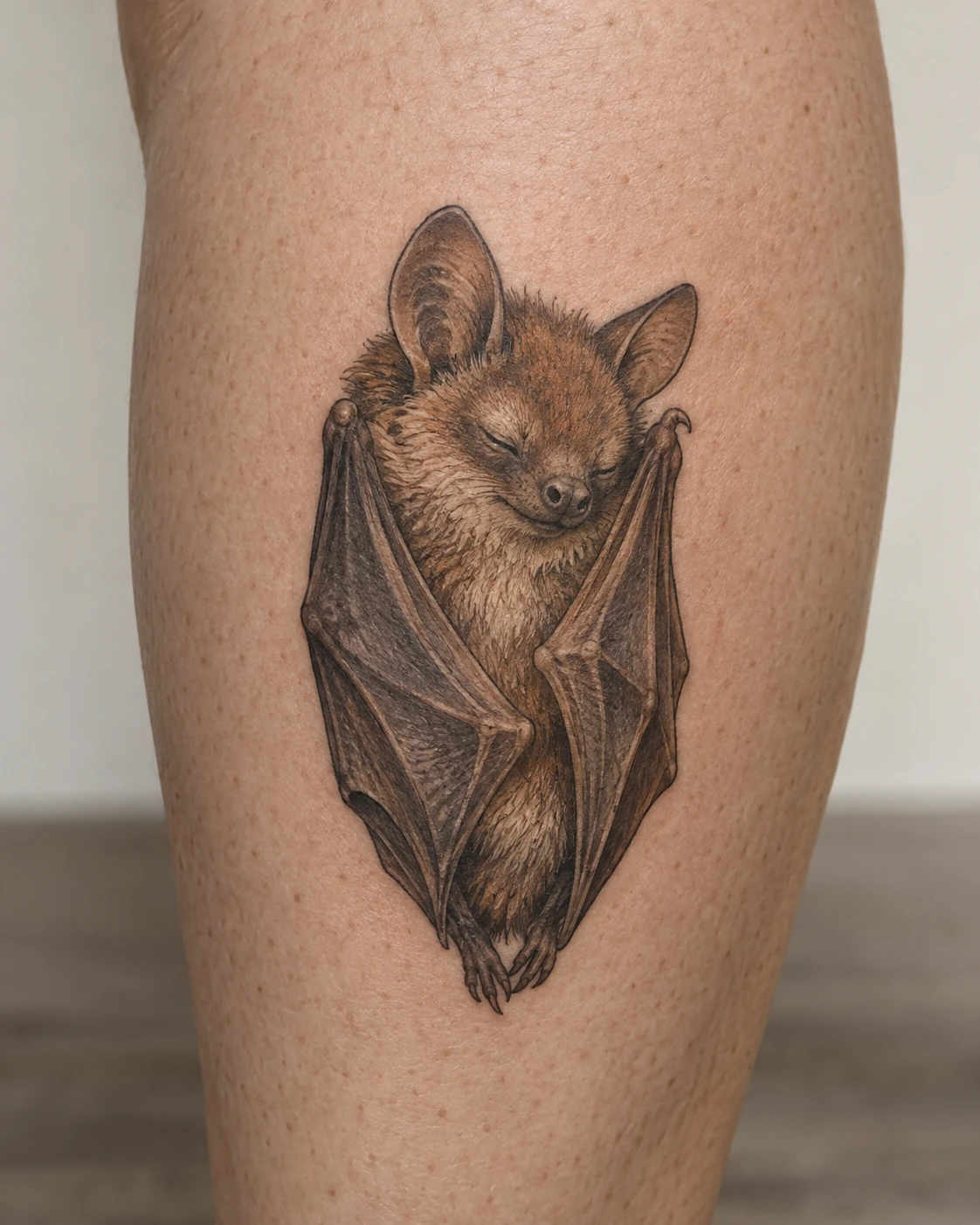 Warm brown sleeping bat portrait tattoo with folded wings on the calf