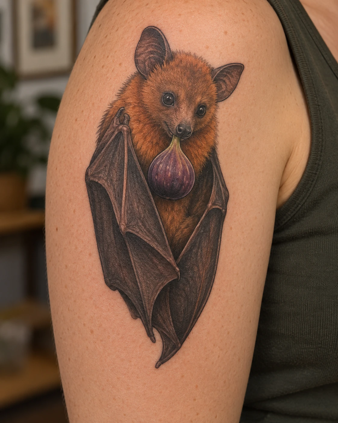 Gentle fruit bat tattoo holding a fig near its mouth on the upper arm