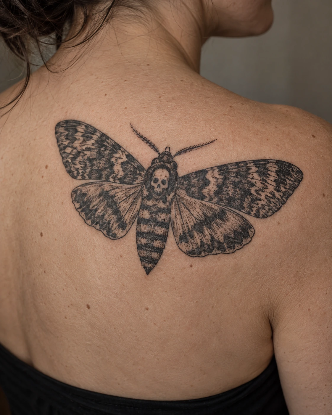Black-and-gray death moth tattoo with textured wings on the shoulder blade