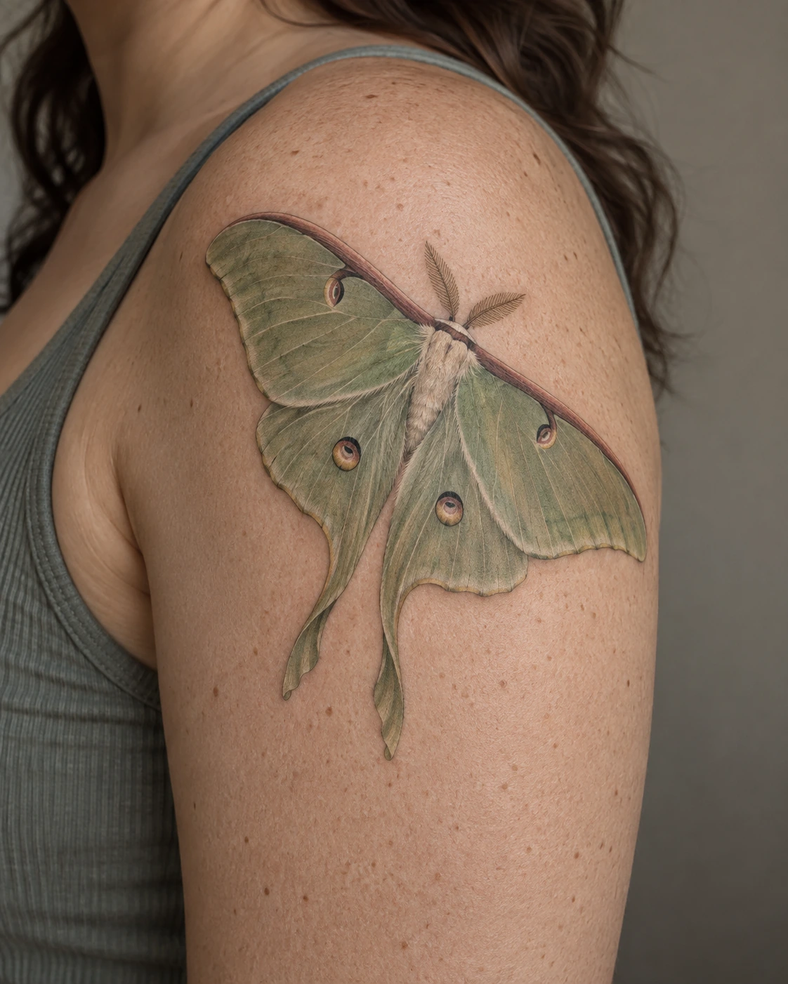 Olive luna moth tattoo concept placed diagonally on the shoulder