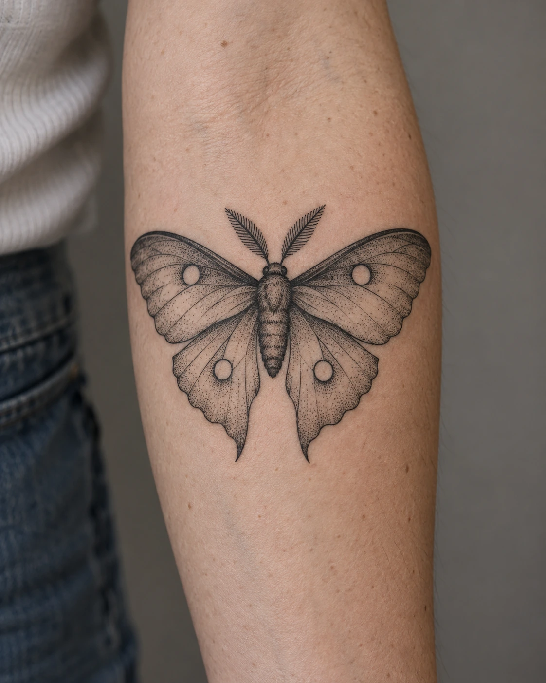 Compact dotwork moth tattoo concept with pale eyespots on the forearm