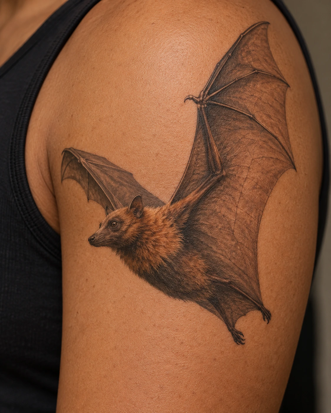 Sepia fruit bat tattoo banking in flight on the upper arm