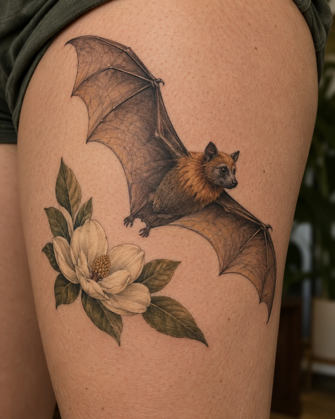 Fruit bat and magnolia tattoo in muted brown and cream on the thigh