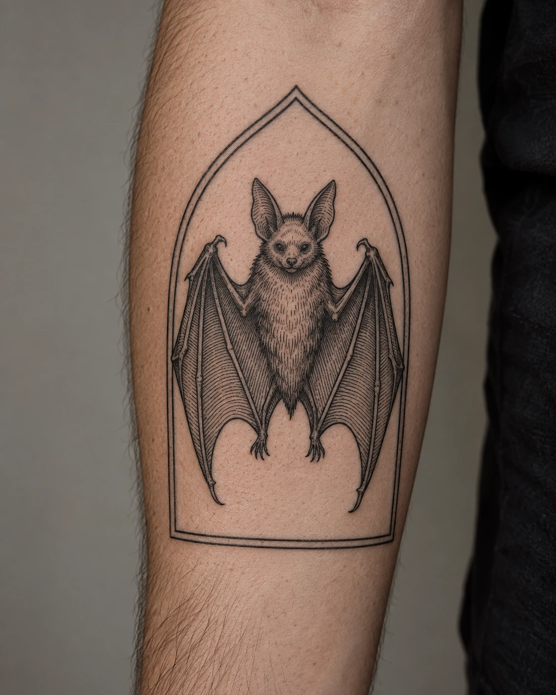 Engraved bat tattoo inside a pointed arch on the forearm