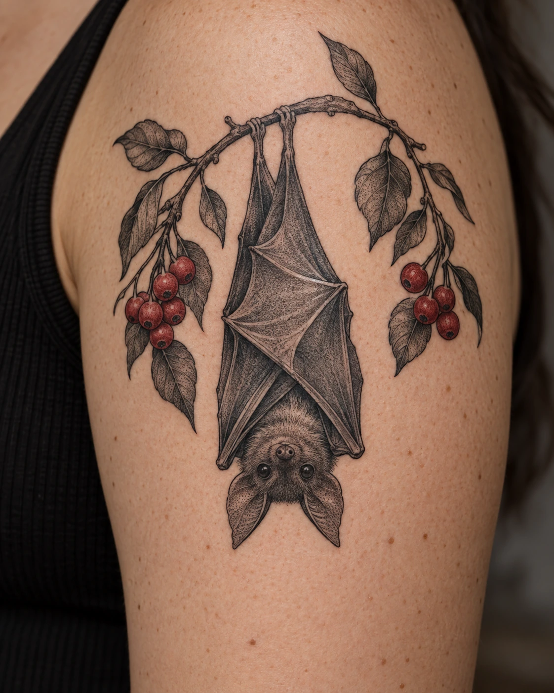 Upside-down bat tattoo hanging from a berry branch on the upper arm
