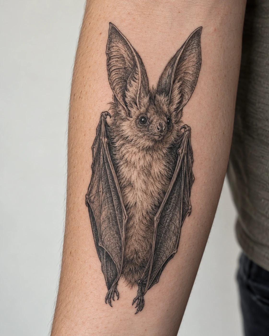 Long-eared bat tattoo with folded wings on the forearm