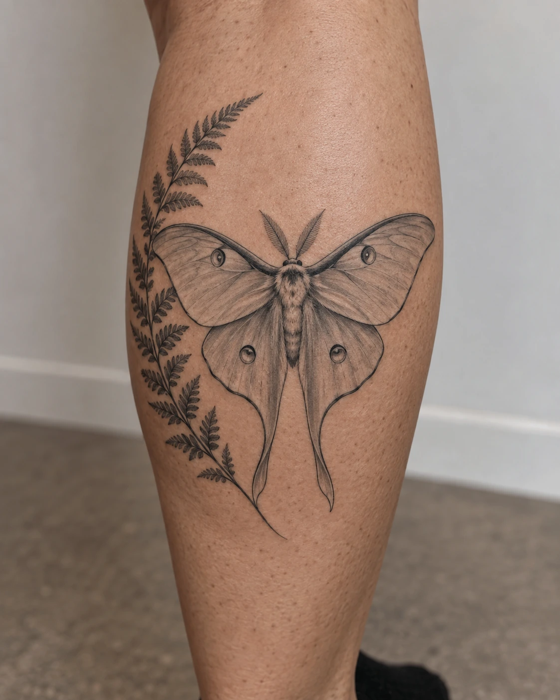 Fine-line luna moth and fern tattoo concept on the calf