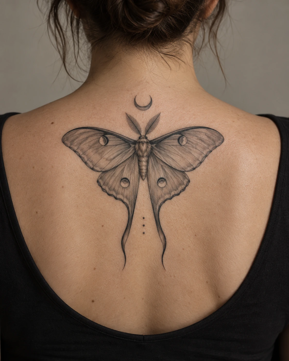 Black-and-gray luna moth tattoo concept beneath a crescent moon on the upper back